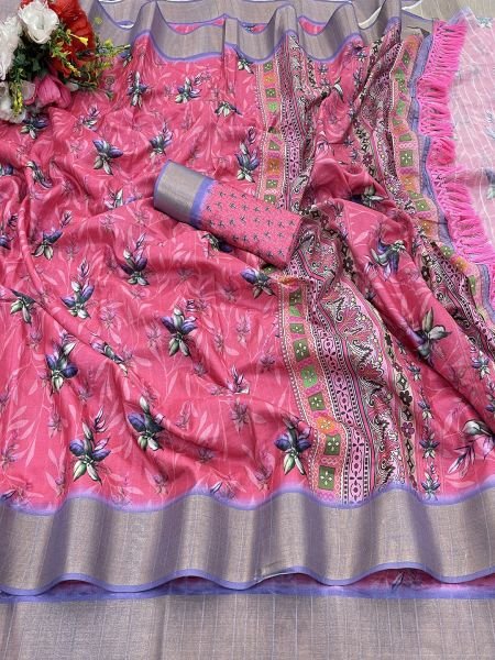 Rani Pink Cotton Silk Handloom Printed Saree with Tassel Border Pallu Sale