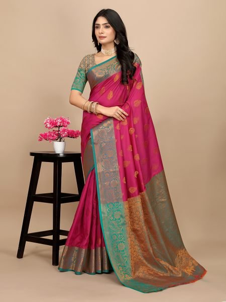Rani Pink Pure Silk Fabric Jacquard Copper Zari Authentic Kanjivaram Elegance Pattu Sarees