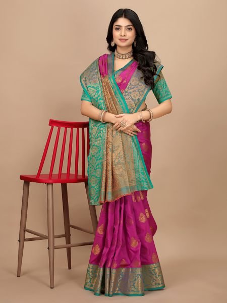 Rani Pink Pure Silk Fabric Jacquard Copper Zari Authentic Kanjivaram Elegance Pattu Sarees