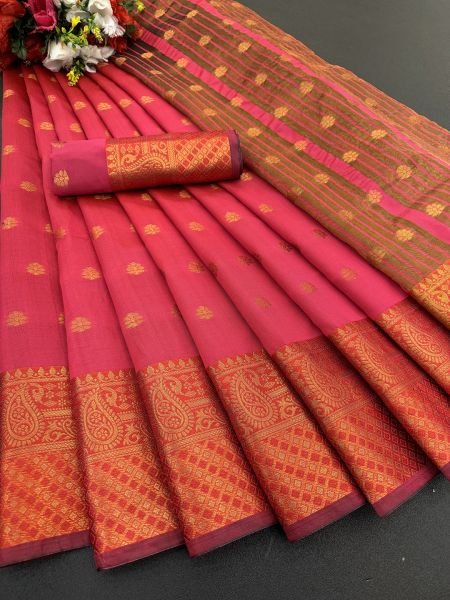 Rani Pink Soft Silk Banarasi Saree with Gold Zari Jacquard Detailing Sale