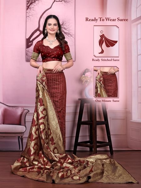 Ready to Wear Banarasi Floral Print Jacquard Party Saree with Unstitched Blouse Daily Deals