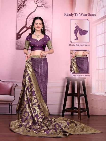 Ready to Wear Banarasi Floral Print Jacquard Party Saree with Unstitched Blouse Daily Deals