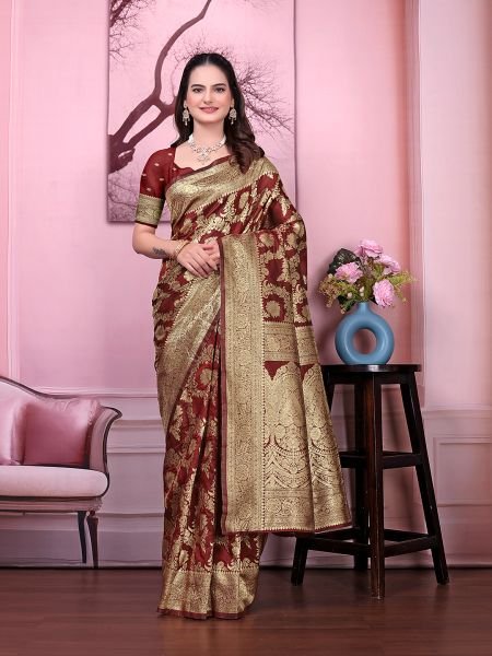 Ready to Wear Banarasi Floral Print Jacquard Party Saree with Unstitched Blouse Ready To Wear Sarees