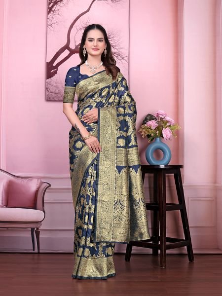 Ready to Wear Banarasi Floral Print Jacquard Party Saree with Unstitched Blouse Ready To Wear Sarees