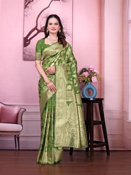 Ready to Wear Banarasi Floral Print Jacquard Party Saree with Unstitched Blouse Ready To Wear Sarees