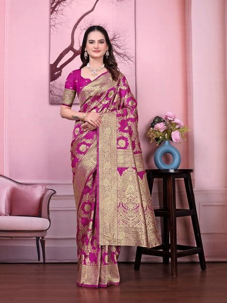 Ready to Wear Banarasi Floral Print Jacquard Party Saree with Unstitched Blouse Ready To Wear Sarees