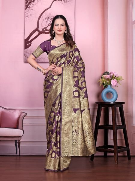 Ready to Wear Banarasi Floral Print Jacquard Party Saree with Unstitched Blouse Ready To Wear Sarees