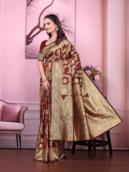 Ready to Wear Banarasi Floral Print Jacquard Party Saree with Unstitched Blouse Ready To Wear Sarees
