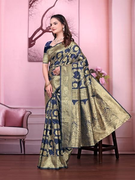 Ready to Wear Banarasi Floral Print Jacquard Party Saree with Unstitched Blouse Ready To Wear Sarees