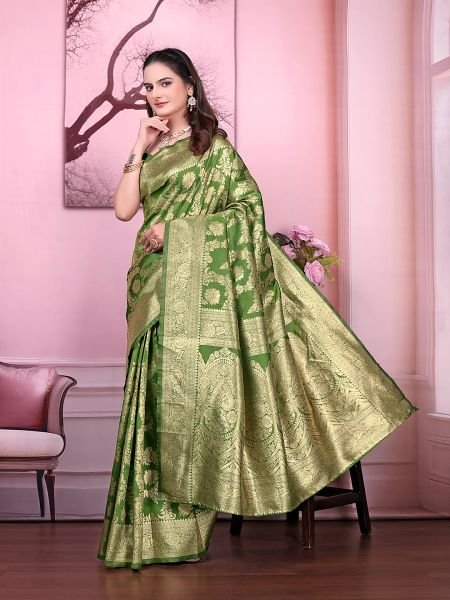 Ready to Wear Banarasi Floral Print Jacquard Party Saree with Unstitched Blouse Ready To Wear Sarees