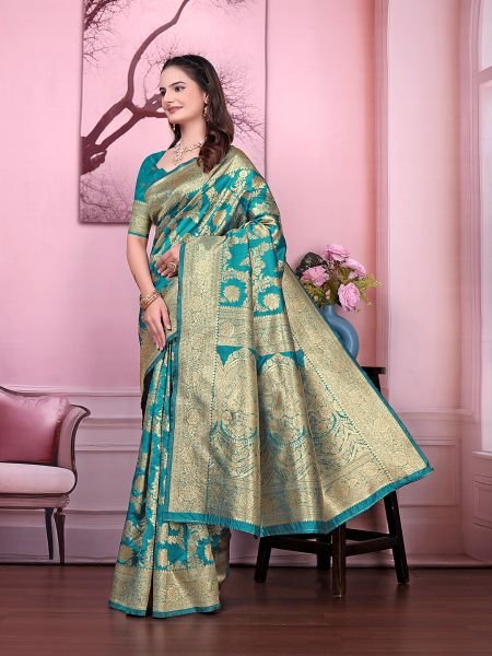 Ready to Wear Banarasi Floral Print Jacquard Party Saree with Unstitched Blouse Ready To Wear Sarees