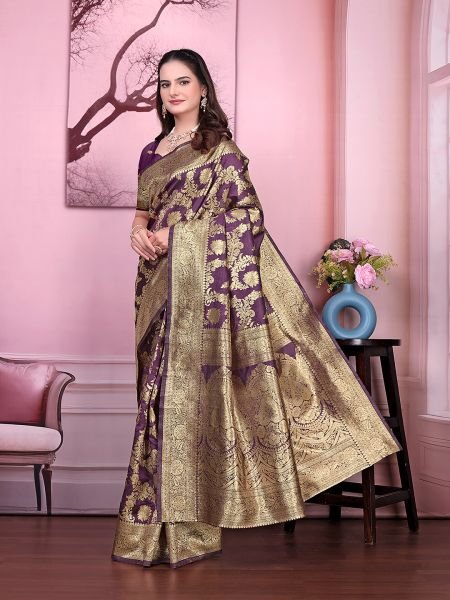 Ready to Wear Banarasi Floral Print Jacquard Party Saree with Unstitched Blouse Ready To Wear Sarees