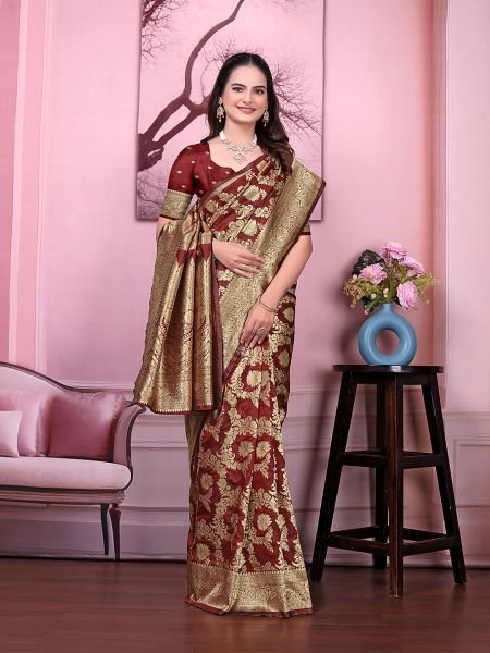Ready to Wear Banarasi Floral Print Jacquard Party Saree with Unstitched Blouse Ready To Wear Sarees