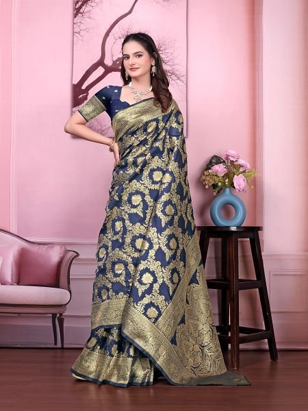 Ready to Wear Banarasi Floral Print Jacquard Party Saree with Unstitched Blouse Ready To Wear Sarees