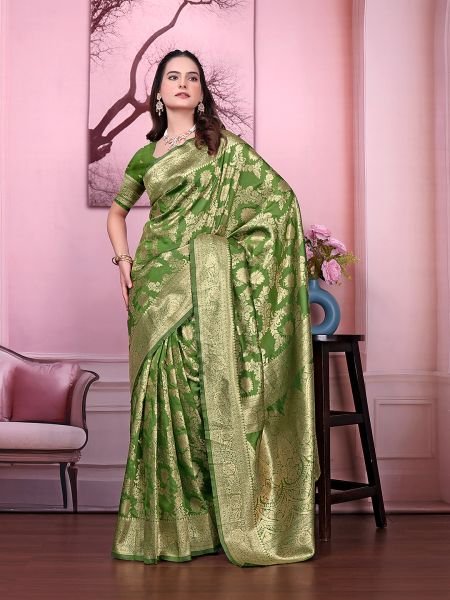 Ready to Wear Banarasi Floral Print Jacquard Party Saree with Unstitched Blouse Ready To Wear Sarees