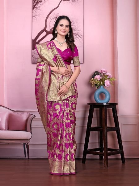 Ready to Wear Banarasi Floral Print Jacquard Party Saree with Unstitched Blouse Ready To Wear Sarees