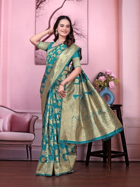 Ready to Wear Banarasi Floral Print Jacquard Party Saree with Unstitched Blouse Ready To Wear Sarees
