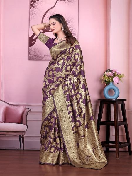 Ready to Wear Banarasi Floral Print Jacquard Party Saree with Unstitched Blouse Ready To Wear Sarees