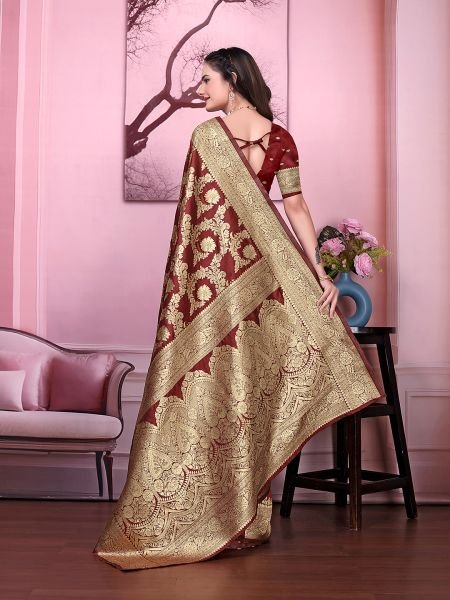 Ready to Wear Banarasi Floral Print Jacquard Party Saree with Unstitched Blouse Ready To Wear Sarees