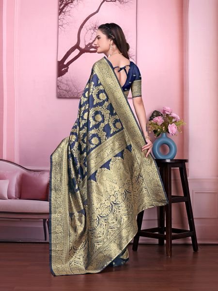 Ready to Wear Banarasi Floral Print Jacquard Party Saree with Unstitched Blouse Ready To Wear Sarees