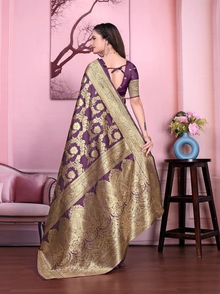 Ready to Wear Banarasi Floral Print Jacquard Party Saree with Unstitched Blouse Ready To Wear Sarees