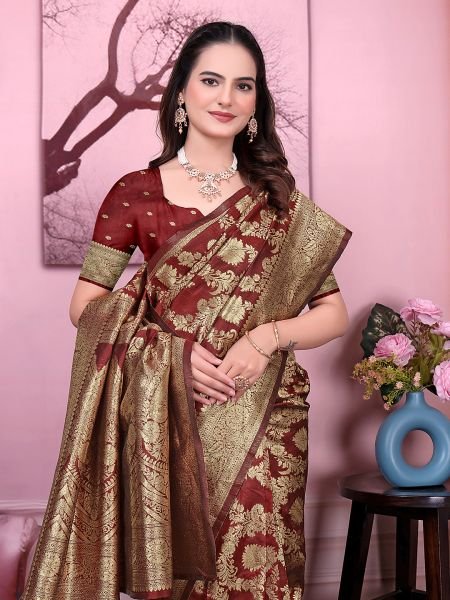 Ready to Wear Banarasi Floral Print Jacquard Party Saree with Unstitched Blouse Ready To Wear Sarees