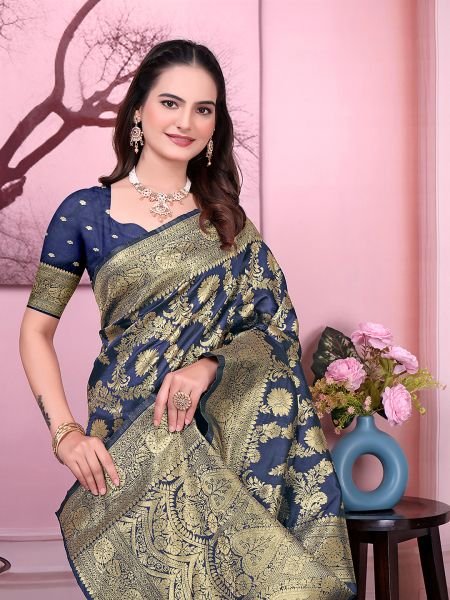 Ready to Wear Banarasi Floral Print Jacquard Party Saree with Unstitched Blouse Ready To Wear Sarees