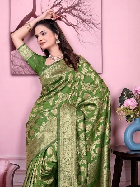 Ready to Wear Banarasi Floral Print Jacquard Party Saree with Unstitched Blouse Ready To Wear Sarees