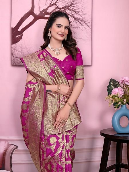 Ready to Wear Banarasi Floral Print Jacquard Party Saree with Unstitched Blouse Ready To Wear Sarees