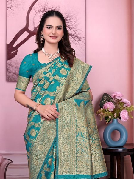 Ready to Wear Banarasi Floral Print Jacquard Party Saree with Unstitched Blouse Ready To Wear Sarees