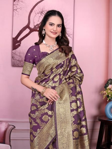 Ready to Wear Banarasi Floral Print Jacquard Party Saree with Unstitched Blouse Ready To Wear Sarees