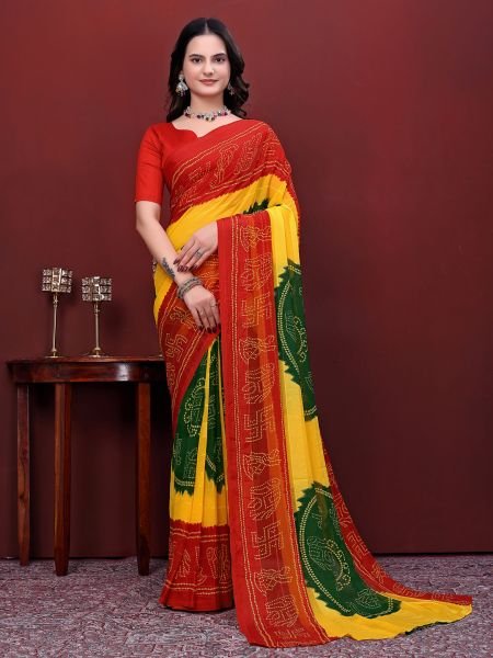 Ready to Wear Bandhani Printed Simmer Silk Saree  Ready To Wear Sarees