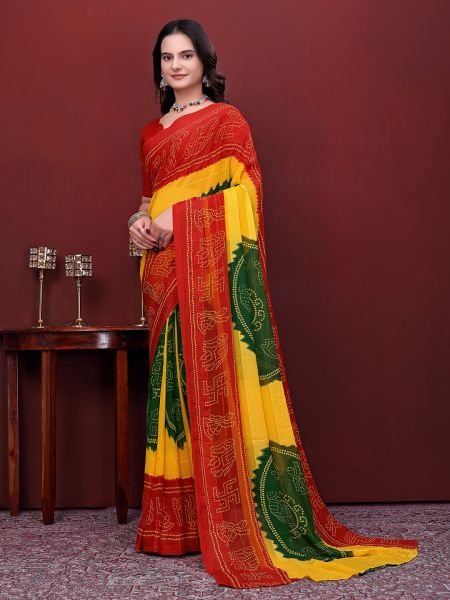 Ready to Wear Bandhani Printed Simmer Silk Saree  Ready To Wear Sarees