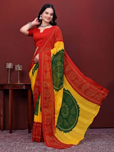 Ready to Wear Bandhani Printed Simmer Silk Saree  Ready To Wear Sarees