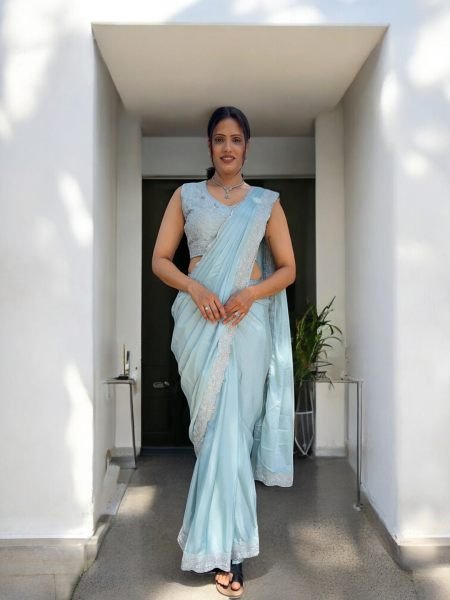 Ready To Wear Chinon Embroidery Work Saree With Stitched Blouse Daily Deals