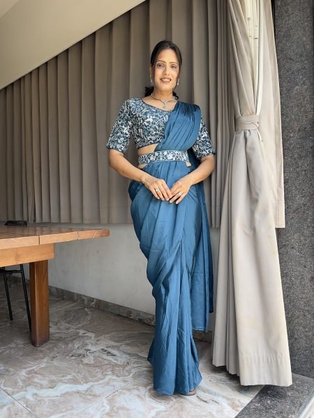  Ready To Wear Chinon Embroidery Work Saree With Stitched Blouse