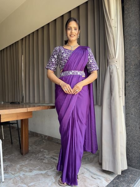  Ready To Wear Chinon Embroidery Work Saree With Stitched Blouse Saree