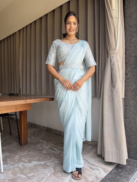  Ready To Wear Chinon Embroidery Work Saree With Stitched Blouse Saree