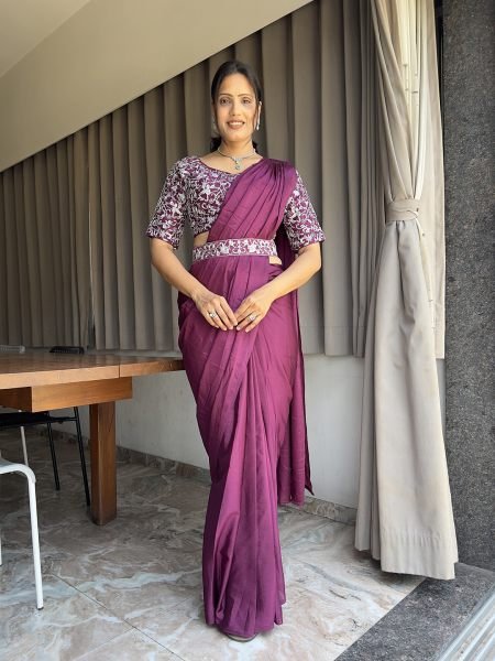  Ready To Wear Chinon Embroidery Work Saree With Stitched Blouse Saree