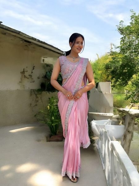 Ready To Wear Chinon Embroidery Work Saree With Stitched Blouse Saree