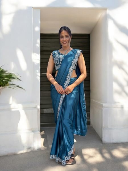 Ready To Wear Chinon Embroidery Work Saree With Stitched Blouse Saree