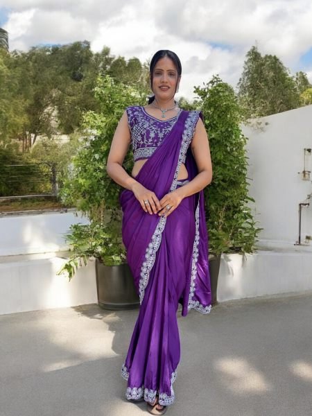 Ready To Wear Chinon Embroidery Work Saree With Stitched Blouse Saree