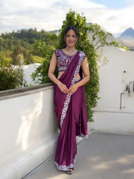 Ready To Wear Chinon Embroidery Work Saree With Stitched Blouse Saree