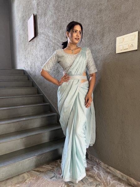  Ready To Wear Chinon Embroidery Work Saree With Stitched Blouse Ready To Wear Sarees