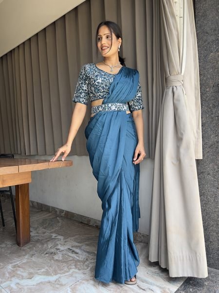  Ready To Wear Chinon Embroidery Work Saree With Stitched Blouse Ready To Wear Sarees