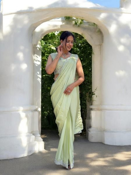 Ready To Wear Chinon Embroidery Work Saree With Stitched Blouse Ready To Wear Sarees