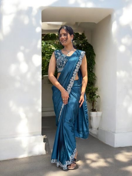 Ready To Wear Chinon Embroidery Work Saree With Stitched Blouse Ready To Wear Sarees
