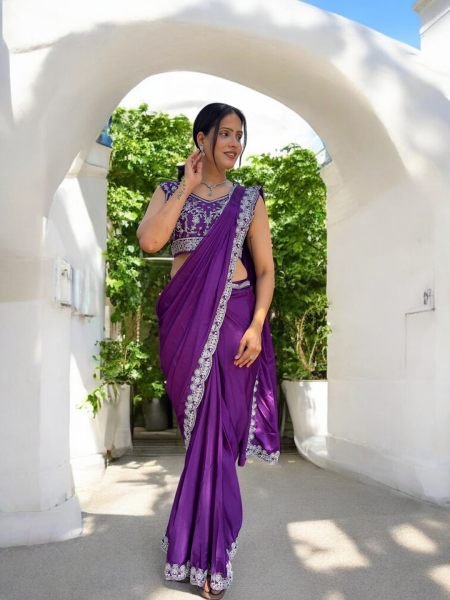Ready To Wear Chinon Embroidery Work Saree With Stitched Blouse Ready To Wear Sarees