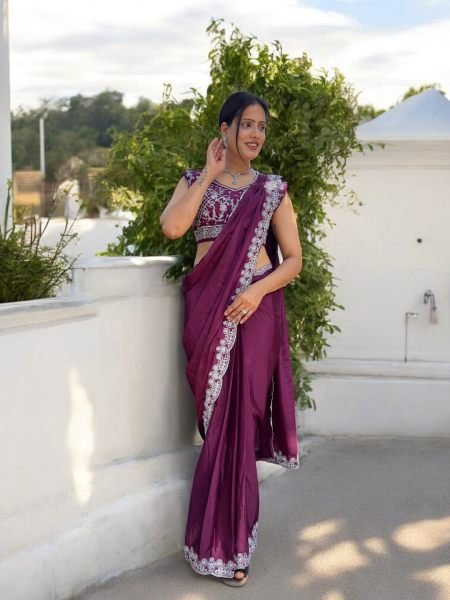 Ready To Wear Chinon Embroidery Work Saree With Stitched Blouse Ready To Wear Sarees