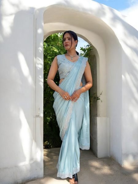 Ready To Wear Chinon Embroidery Work Saree With Stitched Blouse Ready To Wear Sarees